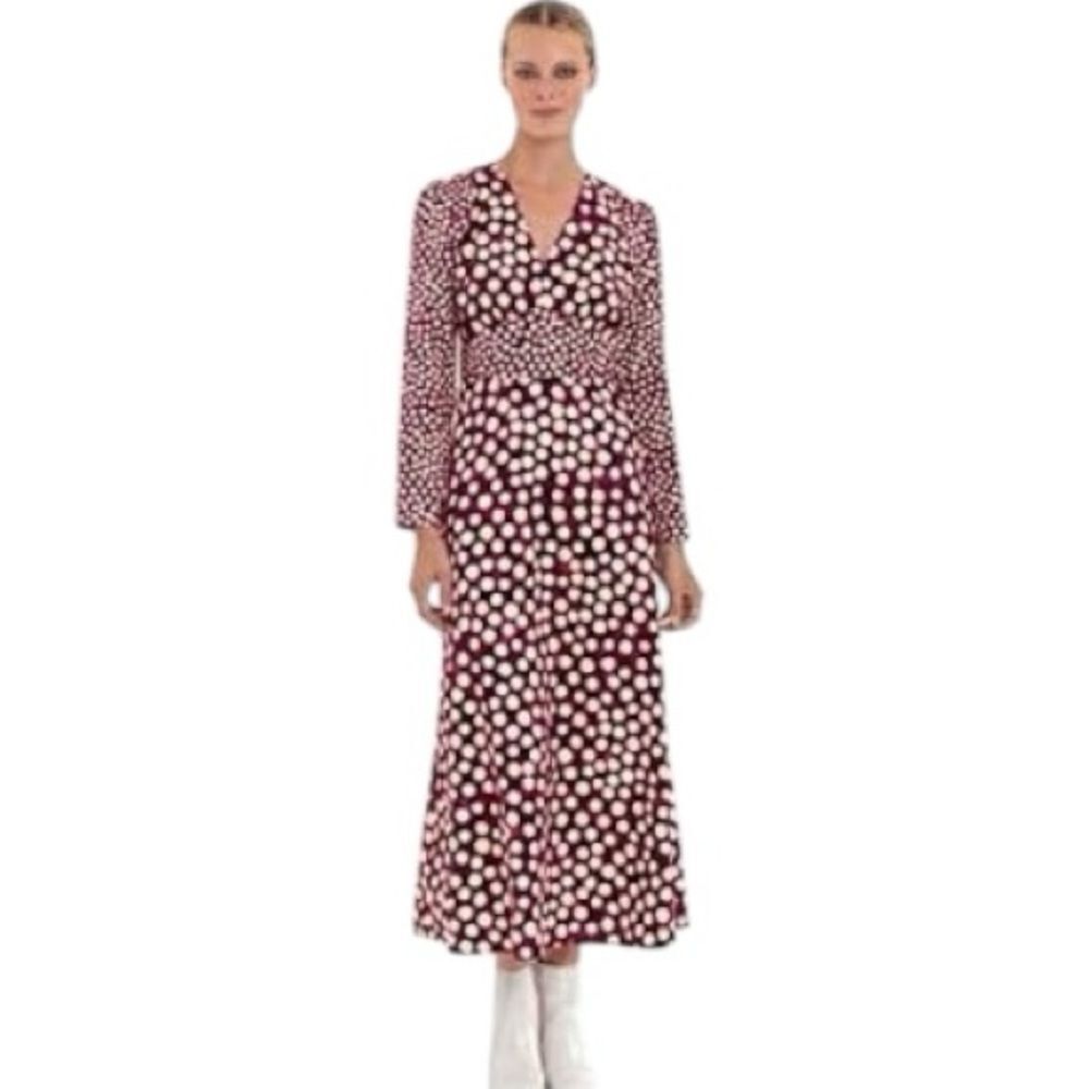Donna Morgan Wine & Pink Polka Dot Maxi empire waist long sleeve Size 6 (NWT)